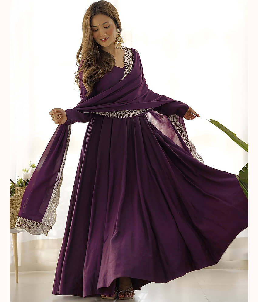 Trijal Fab Wine Anarkali Georgette Women's Stitched Ethnic Gown ( Pack of 1 ) - Unstitched Fabrics | Buy online on ZillyBuy