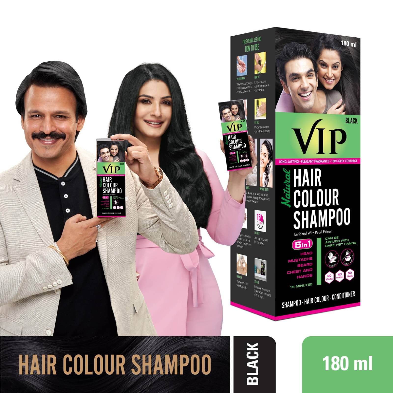 VIP Natural Hair Colour Shampoo Ammonia Free Permanent Hair Color 180 mL Black VIP Natural Hair Colour Shampoo Ammonia Free Permanent Hair Color 180 mL Black