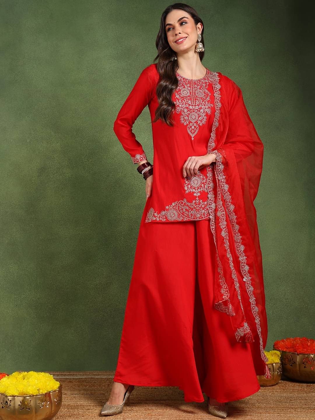 Vaamsi Women Silk Blend Embroidered Straight Kurti With Palazzo ( Red ) Vaamsi Women Silk Blend Embroidered Straight Kurti With Palazzo ( Red )