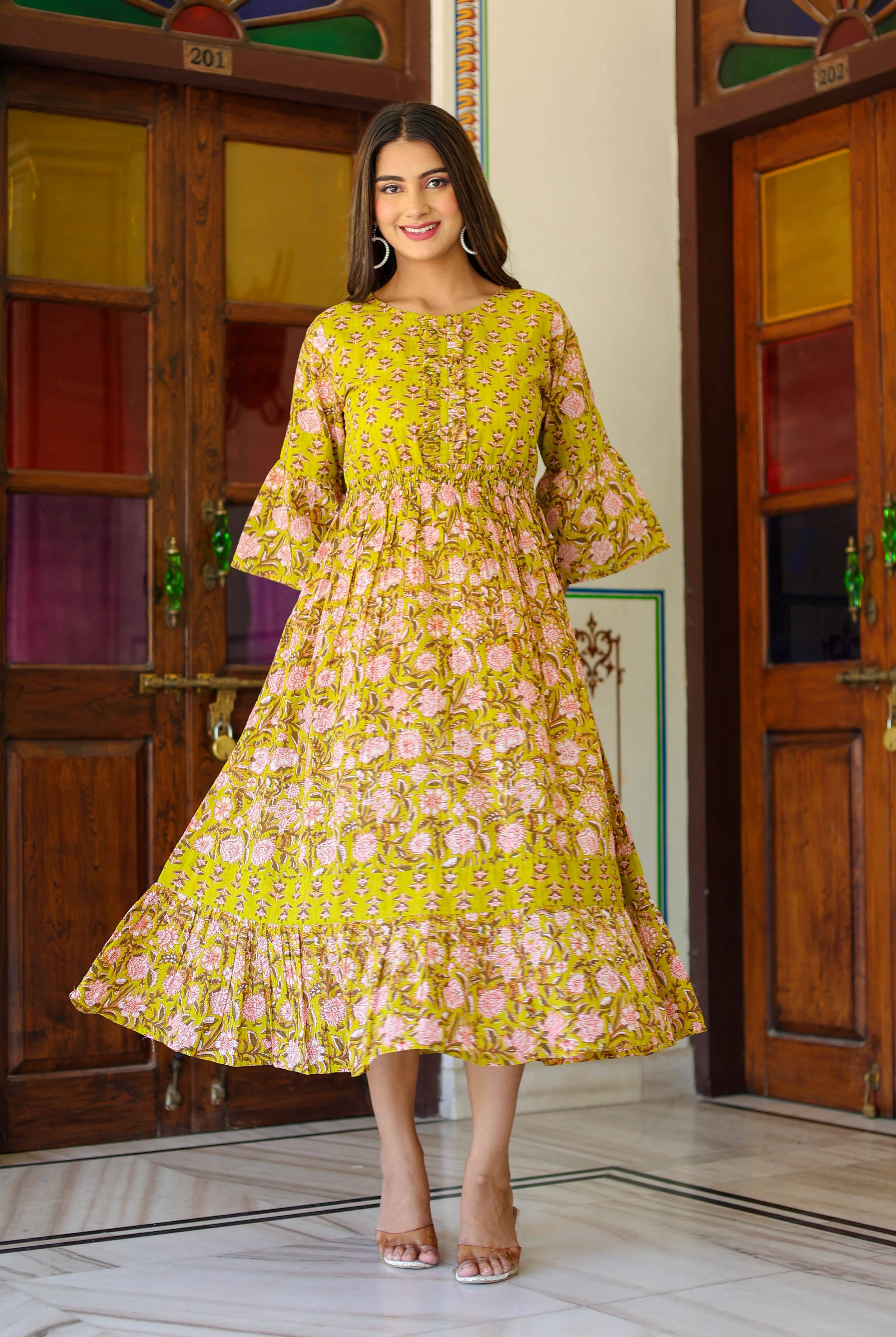 Yash Gallery Women Cotton Printed Fit & Flare Dress ( Green ) Yash Gallery Women Cotton Printed Fit & Flare Dress ( Green )