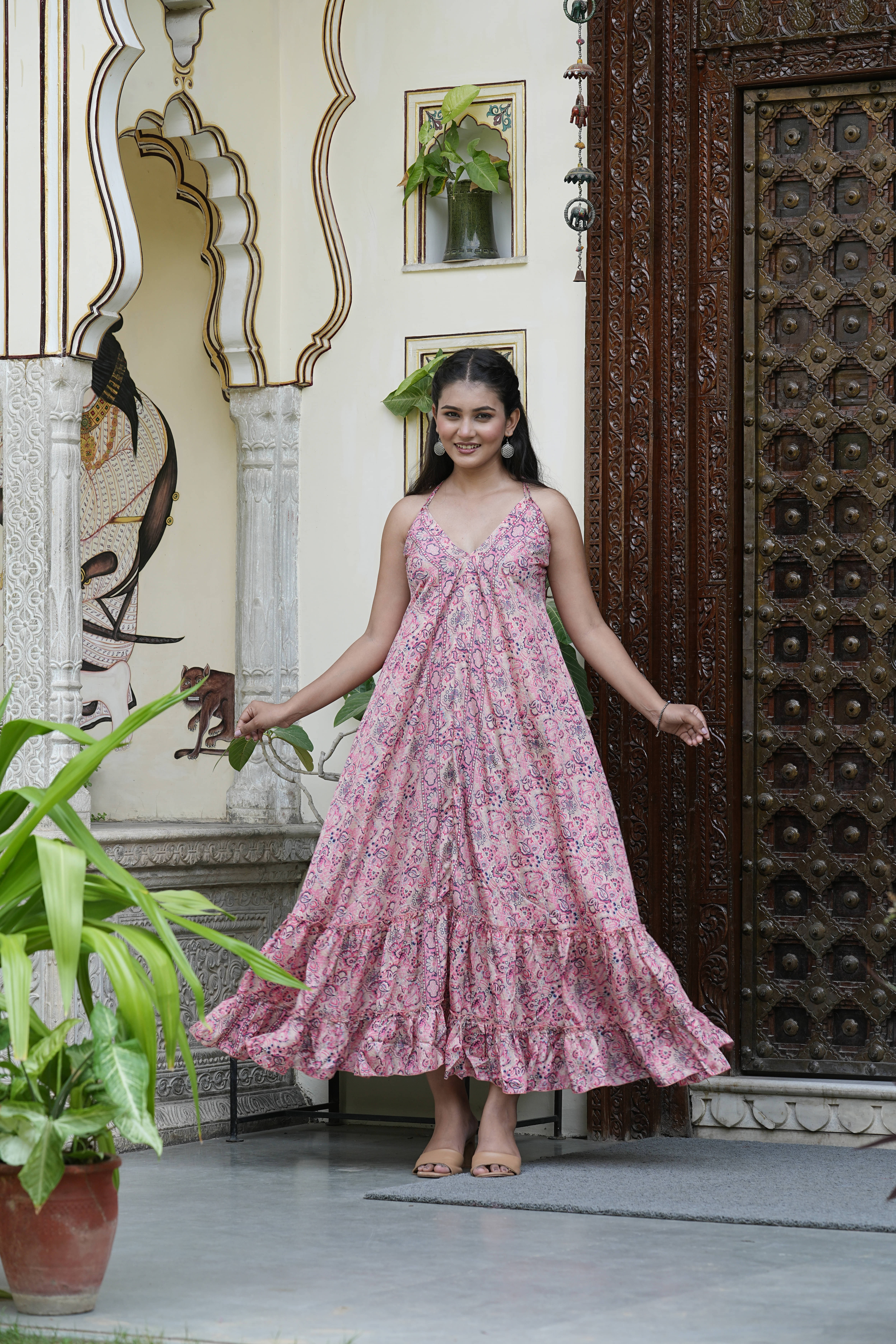    			Yash Gallery Women Polyester Printed Fit & Flare Dress ( Pink )