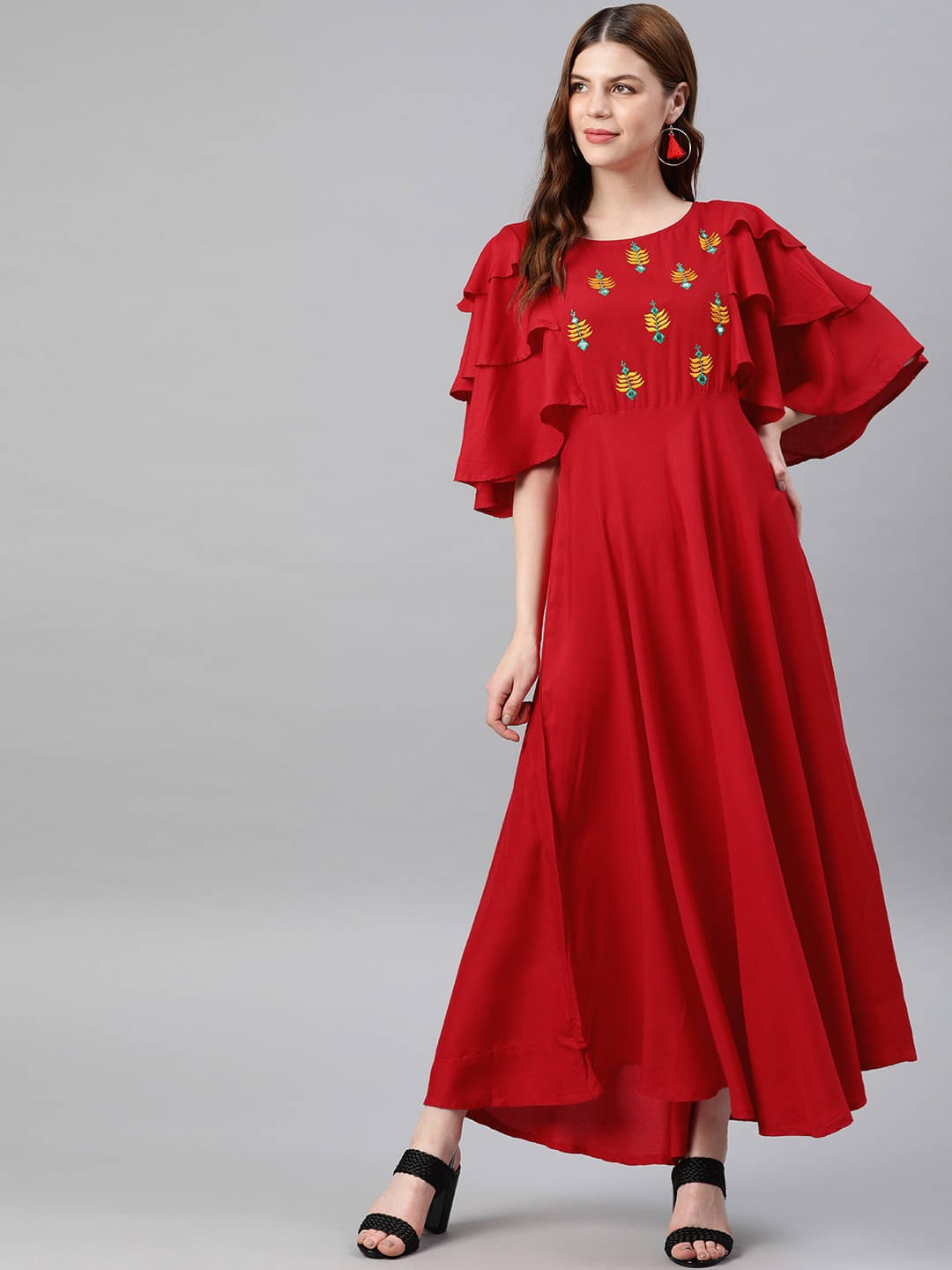 Yash Gallery Rayon Embroidered Ankle Length Women's Fit & Flare Dress - Red ( Pack of 1 ) Yash Gallery Rayon Embroidered Ankle Length Women's Fit & Flare Dress - Red ( Pack of 1 )