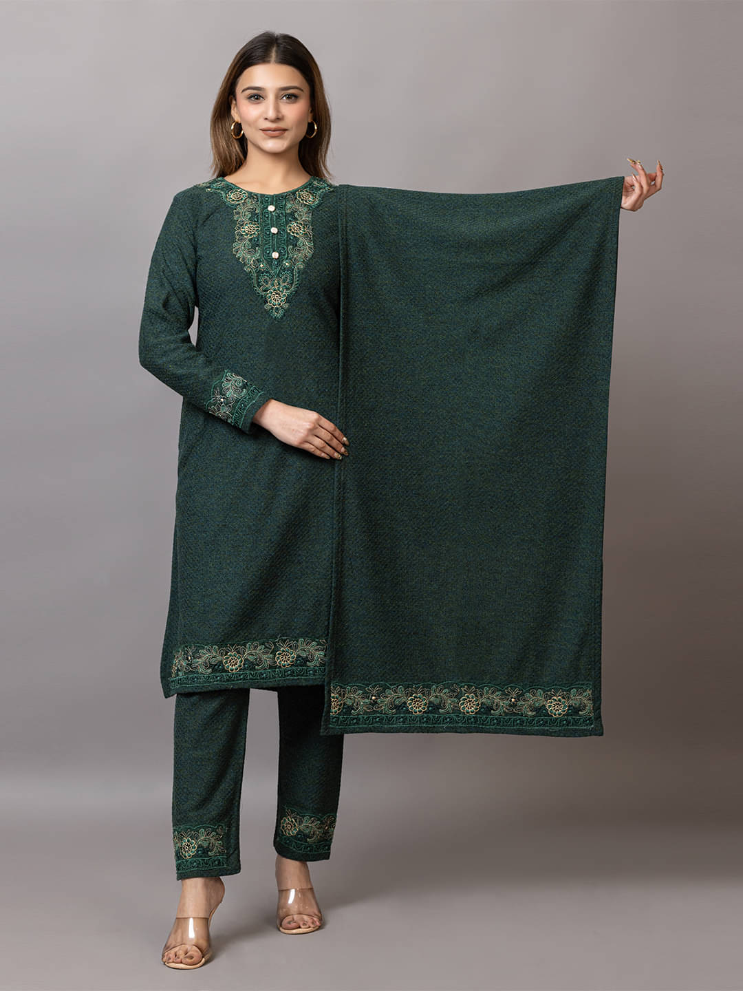 woolkart Woollen Embroidered Kurti With Pants Women's Stitched Salwar Suit - Olive ( Pack of 1 )     			woolkart Woollen Embroidered Kurti With Pants Women's Stitched Salwar Suit - Olive ( Pack of 1 )
