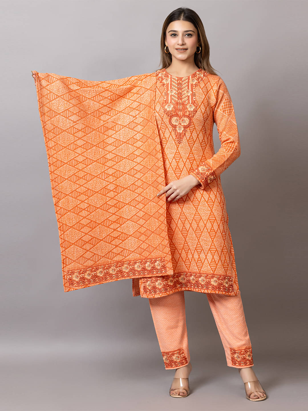     			woolkart Woollen Embroidered Kurti With Pants Women's Stitched Salwar Suit - Orange ( Pack of 1 )