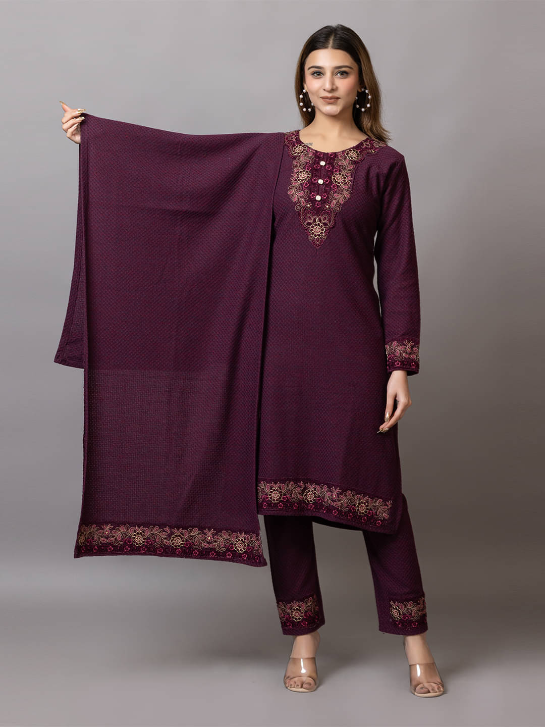 woolkart Woollen Embroidered Kurti With Pants Women's Stitched Salwar Suit - Purple ( Pack of 1 ) woolkart Woollen Embroidered Kurti With Pants Women's Stitched Salwar Suit - Purple ( Pack of 1 )
