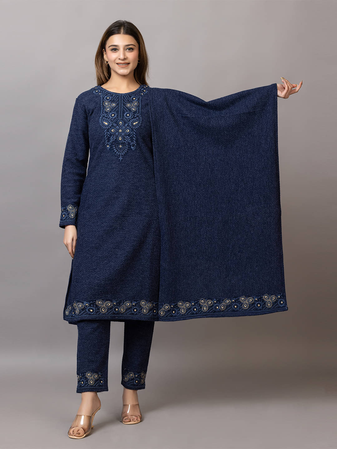 woolkart Woollen Embroidered Kurti With Pants Women's Stitched Salwar Suit - Navy Blue ( Pack of 1 ) woolkart Woollen Embroidered Kurti With Pants Women's Stitched Salwar Suit - Navy Blue ( Pack of 1 )