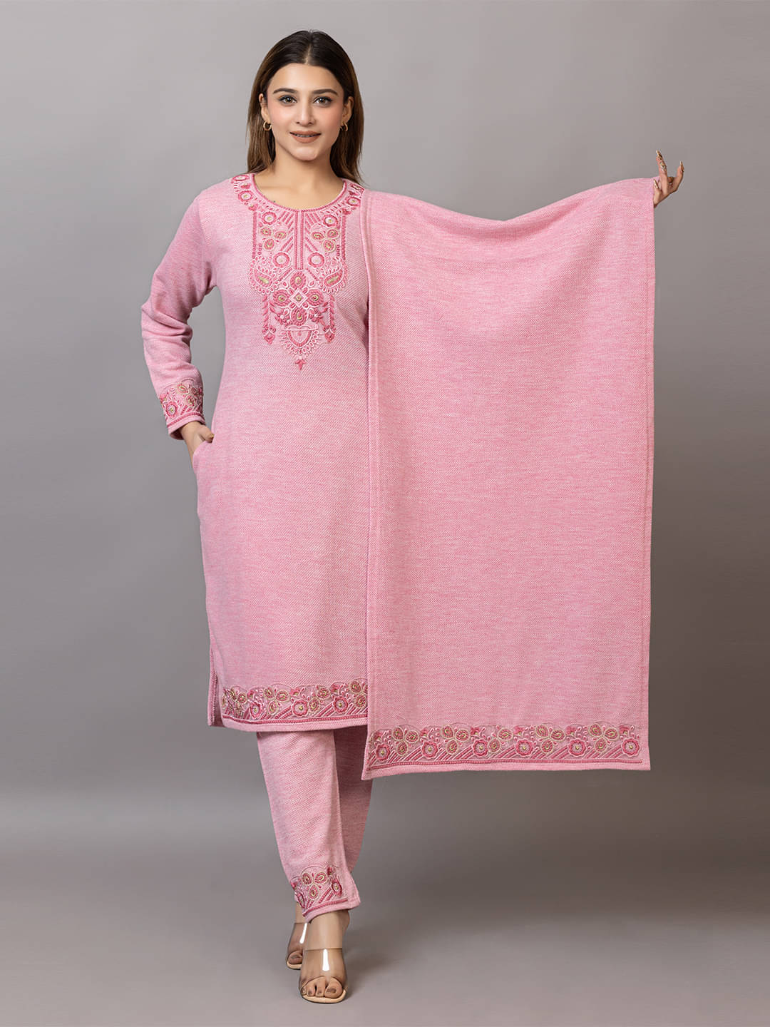 woolkart Woollen Embroidered Kurti With Pants Women's Stitched Salwar Suit - Pink ( Pack of 1 ) woolkart Woollen Embroidered Kurti With Pants Women's Stitched Salwar Suit - Pink ( Pack of 1 )