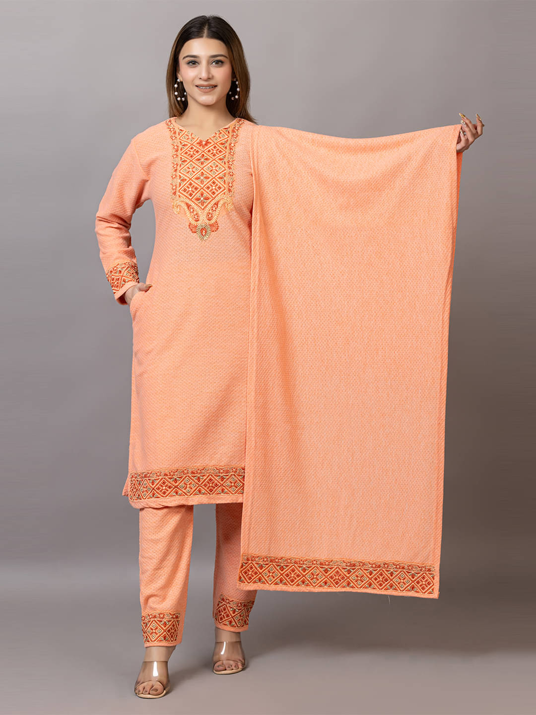     			woolkart Woollen Embroidered Kurti With Pants Women's Stitched Salwar Suit - Orange ( Pack of 1 )