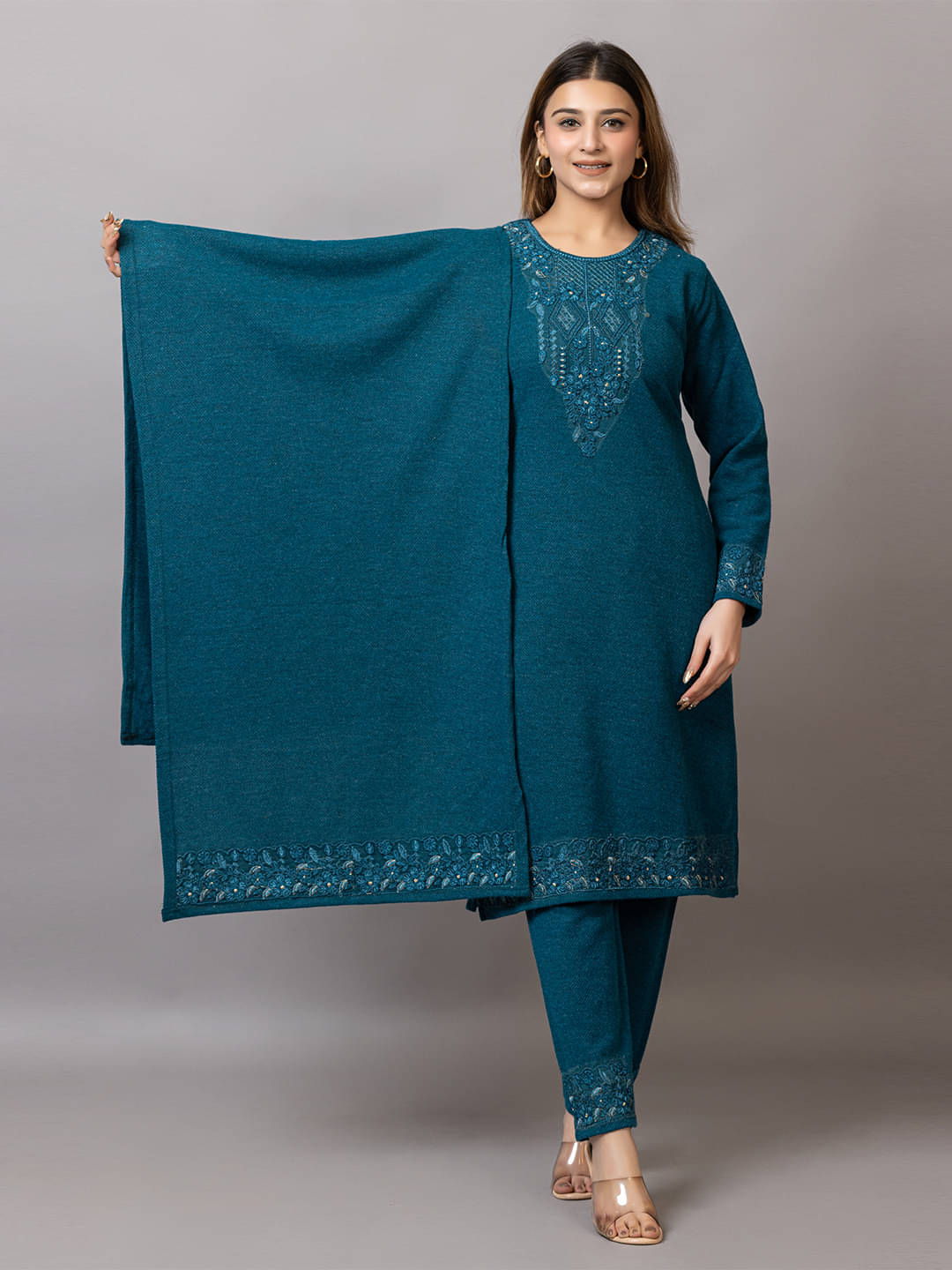 woolkart Woollen Embroidered Kurti With Pants Women's Stitched Salwar Suit - Teal ( Pack of 1 ) woolkart Woollen Embroidered Kurti With Pants Women's Stitched Salwar Suit - Teal ( Pack of 1 )