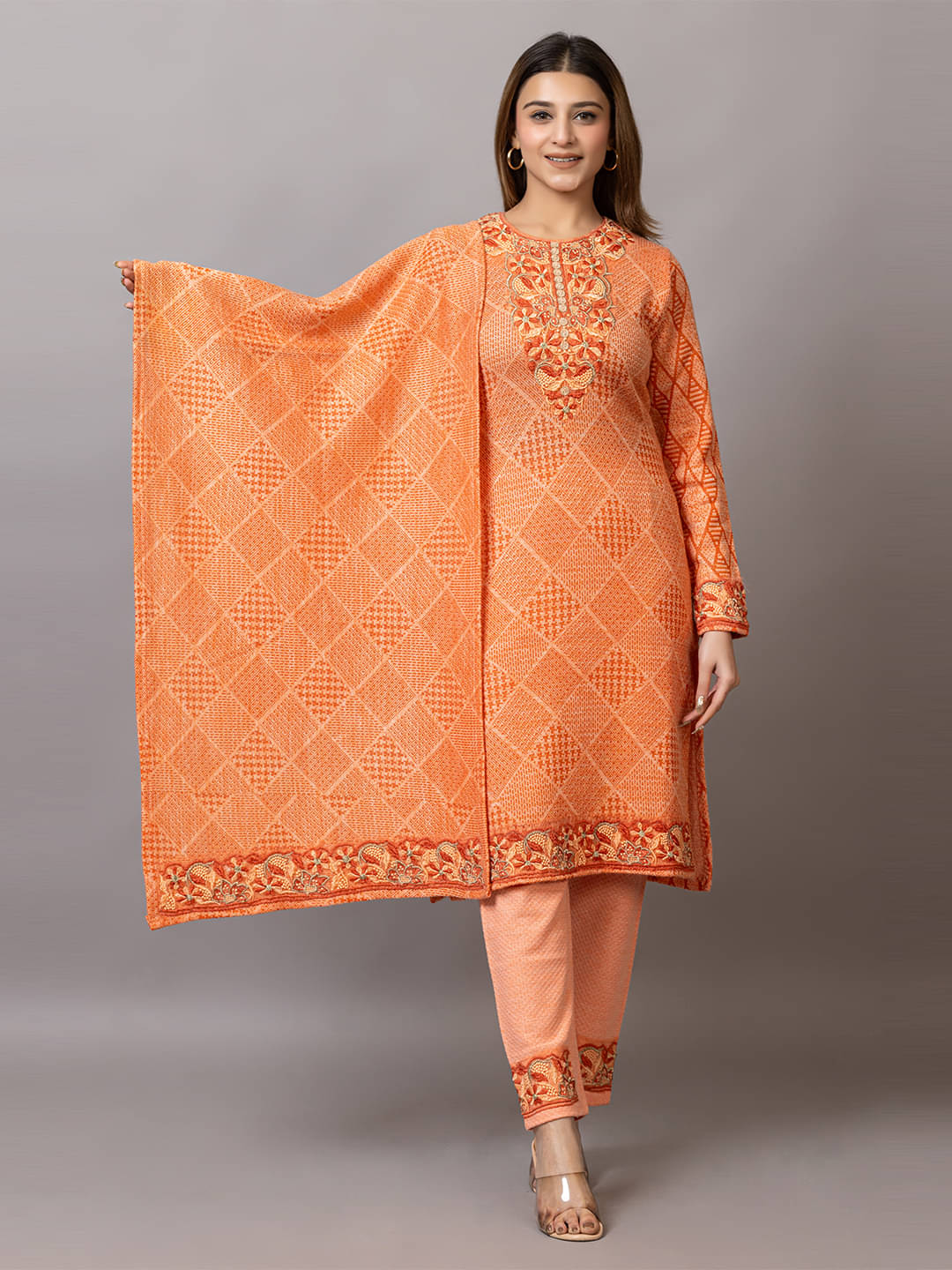 woolkart Woollen Embroidered Kurti With Pants Women's Stitched Salwar Suit - Orange ( Pack of 1 ) woolkart Woollen Embroidered Kurti With Pants Women's Stitched Salwar Suit - Orange ( Pack of 1 )