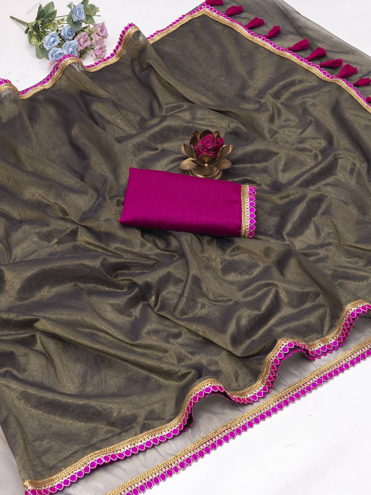 Aika Net Embellished Saree With Unstitched Blouse Piece ( Olive ) Aika Net Embellished Saree With Unstitched Blouse Piece ( Olive )