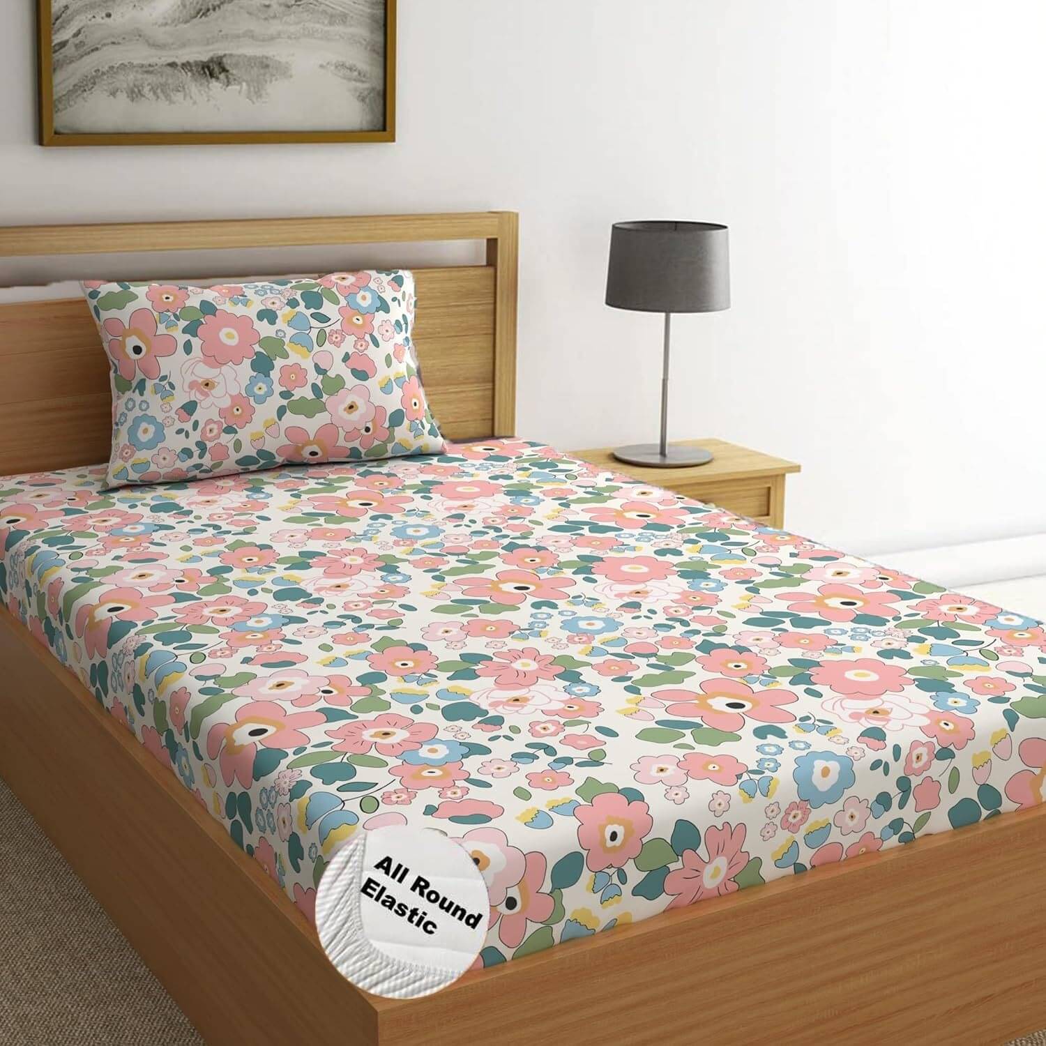     			Decent Home Cotton Abstract Printed Fitted ( Single Bed ) - Pink
