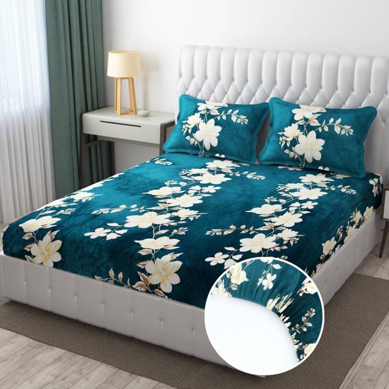     			Decent Home Fleece Abstract Printed Fitted ( King Size ) - Green