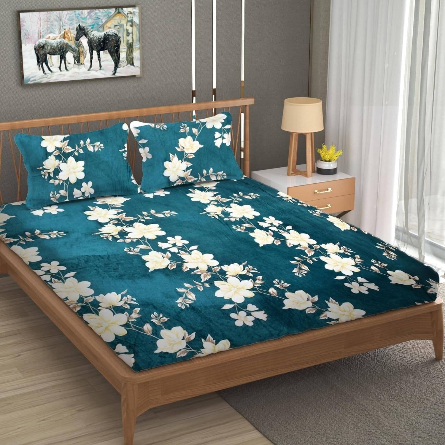     			Decent Home Fleece Abstract Printed Fitted ( Double Bed ) - Blue