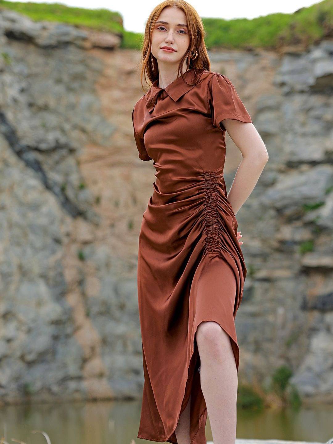     			Freehand Women Polyester Solid Asymmetric Dress ( Brown )