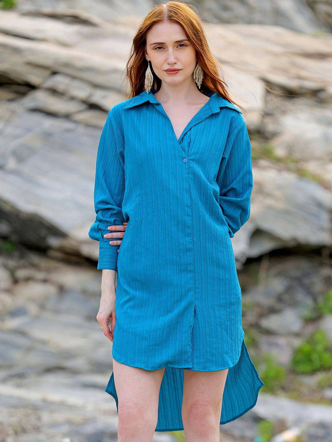     			Freehand Women Polyester Solid Asymmetric Dress ( Teal )