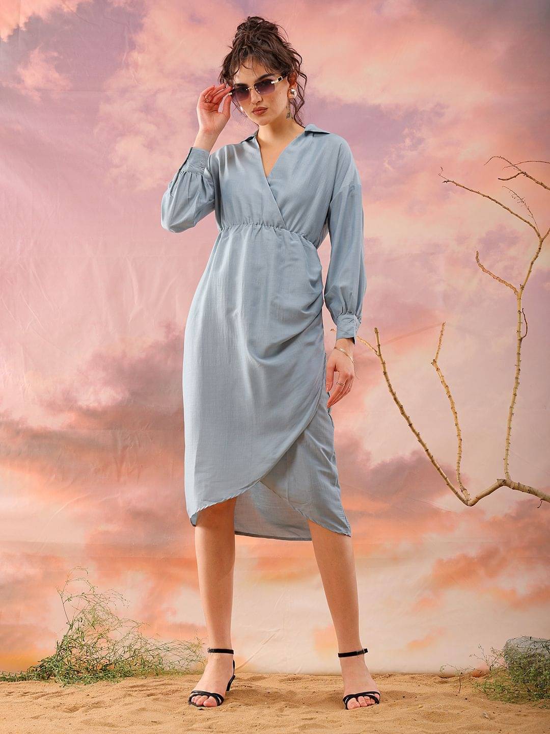 Freehand Women Polyester Solid Wrap Dress ( Aqua Blue ) Freehand Women Polyester Solid Wrap Dress ( Aqua Blue )