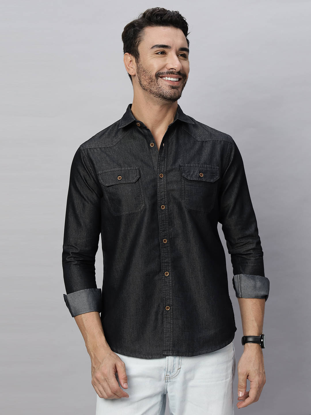    			HJ HASASI Cotton Blend Regular Fit Solids Full Sleeves Men's Casual Shirt - Black ( Pack of 1 )