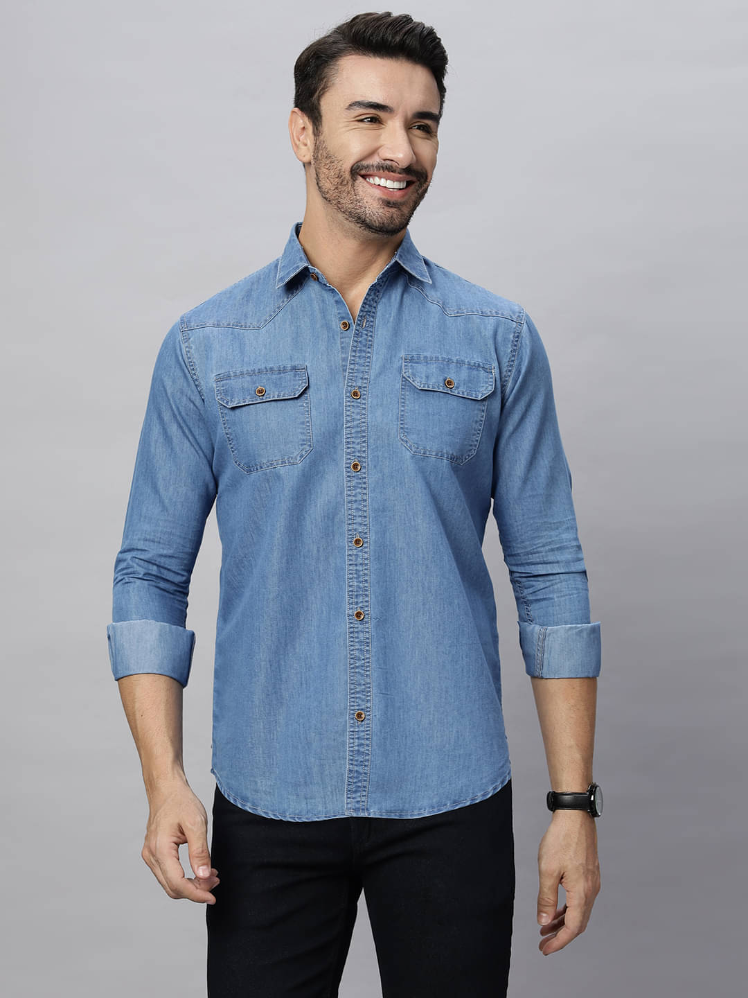     			HJ HASASI Cotton Blend Regular Fit Solids Full Sleeves Men's Casual Shirt - Light Blue ( Pack of 1 )
