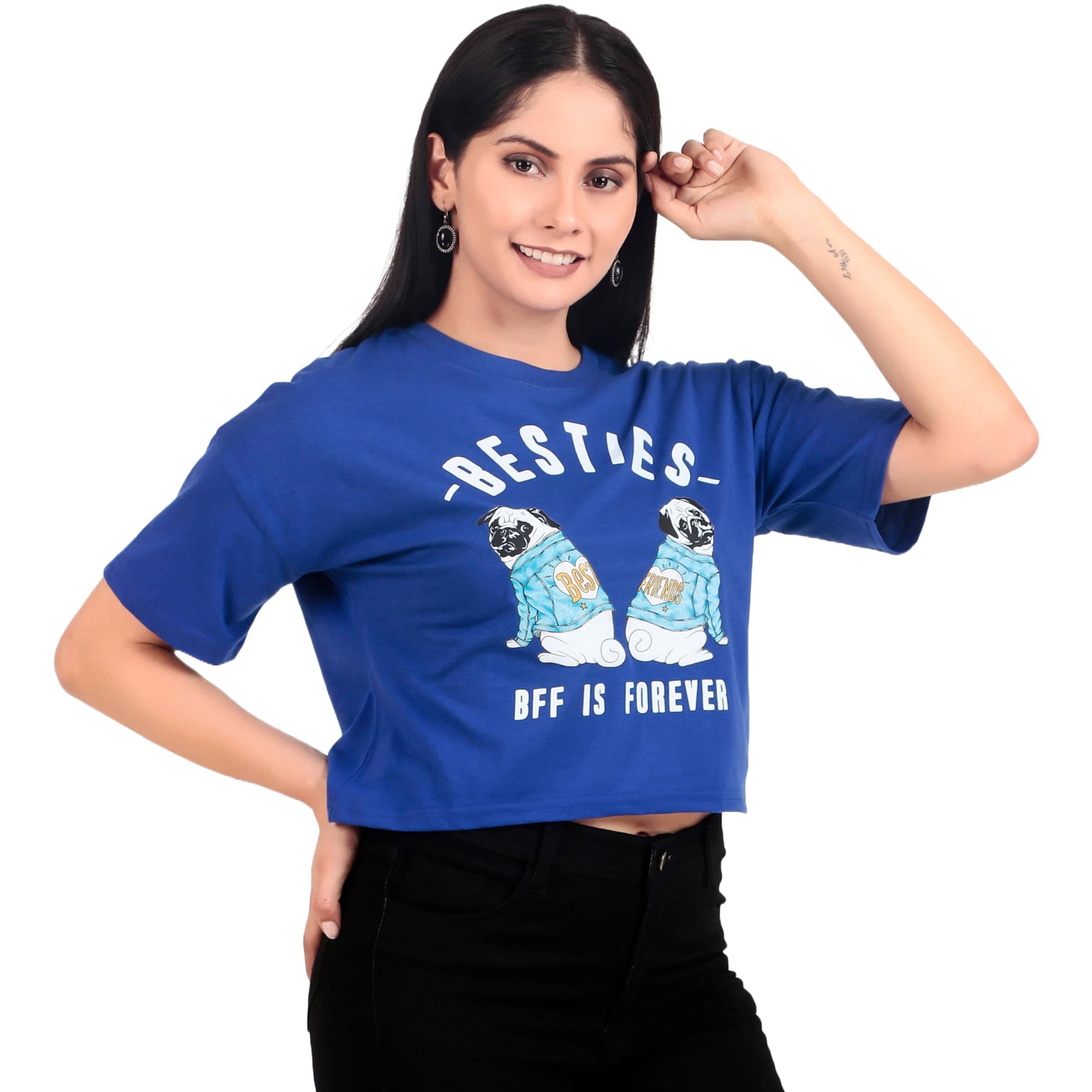 LONDON HILLS Women's Cotton Blend Crop Top ( Blue )