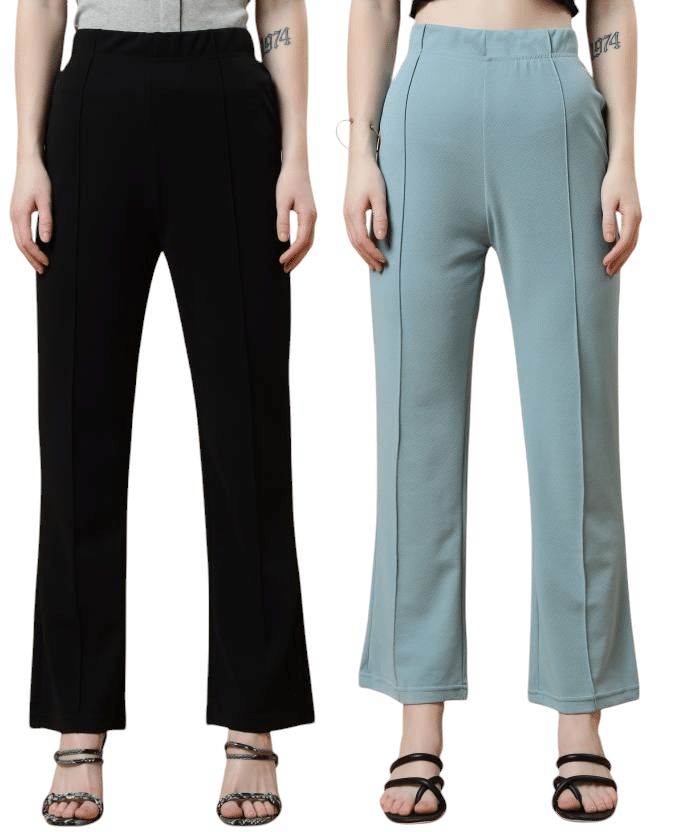     			Qyaas Pack of 2 Lycra Regular Women's Casual Pants ( Black,Green )