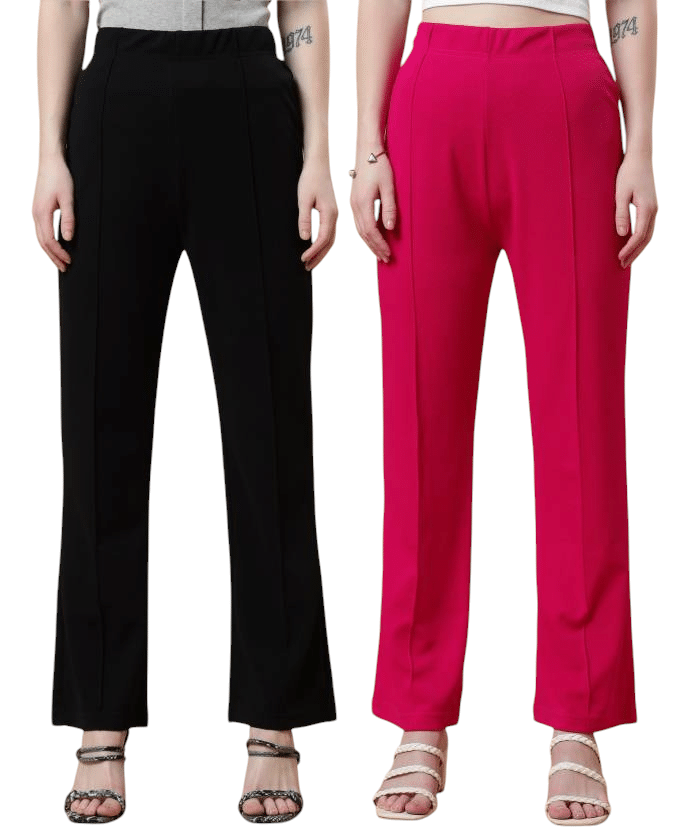     			Qyaas Pack of 2 Lycra Regular Women's Casual Pants ( Black,Pink )