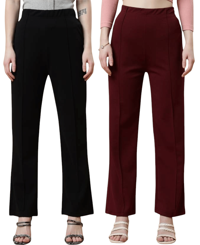     			Qyaas Pack of 2 Lycra Regular Women's Casual Pants ( Black,Burgundy )