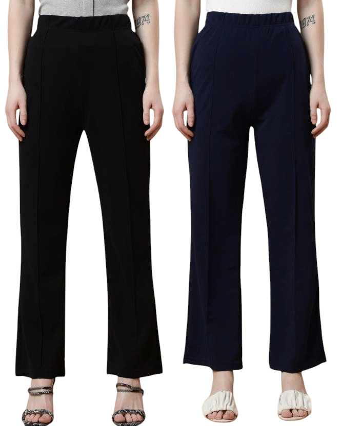     			Qyaas Pack of 2 Lycra Regular Women's Casual Pants ( Black,Navy Blue )