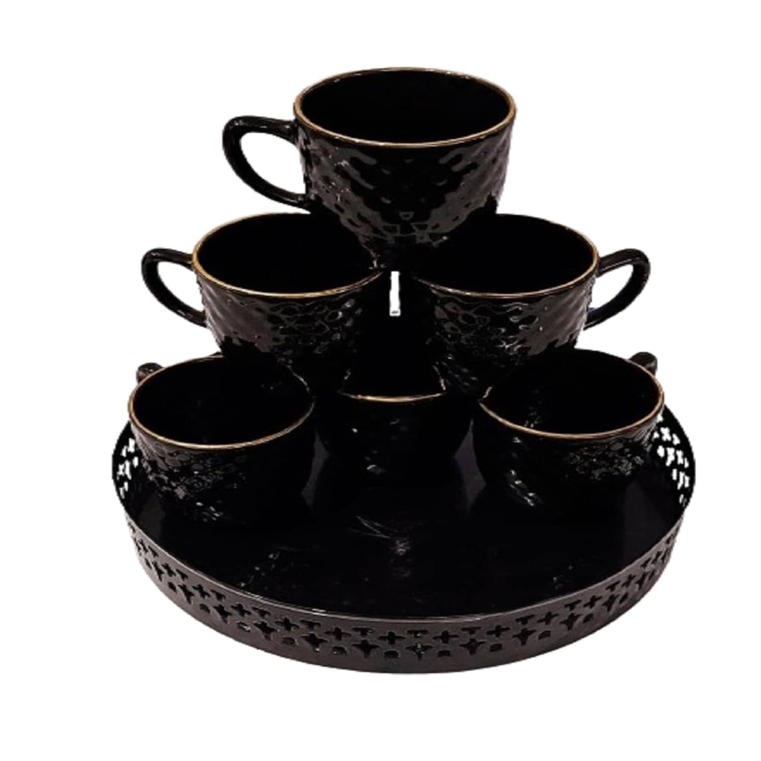 R.R.V. International BLACK 6 CUP WITH  METAL TRAY Plain Steel Dinner Set ( Pack of 1 ) Multicolor