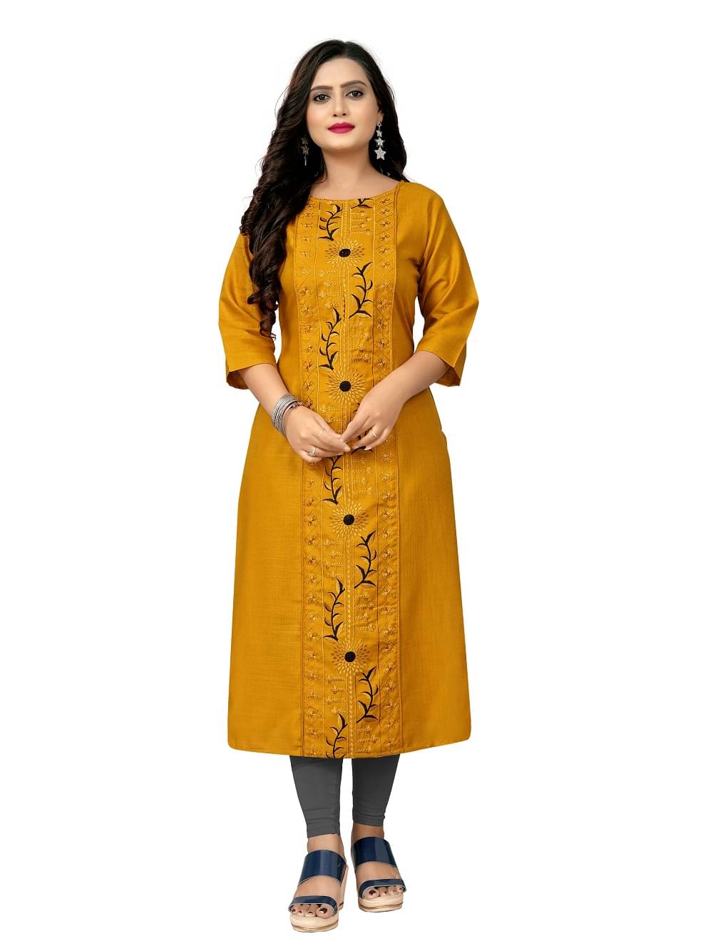     			RIAANA Pack of 1 Cotton Blend Embroidered Straight Women's Kurti - ( Mustard )