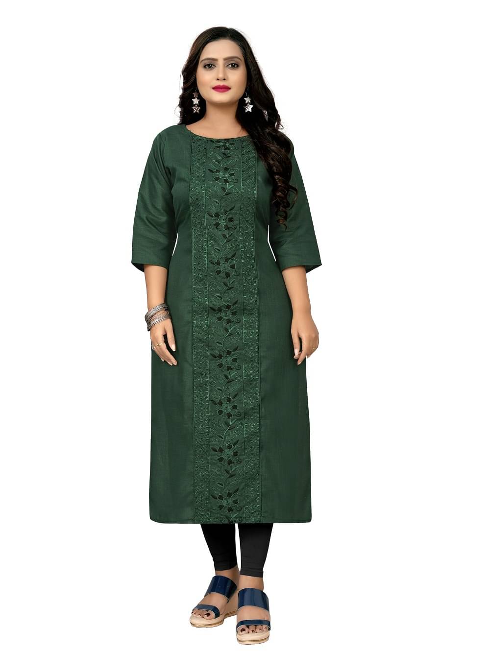 RIAANA Pack of 1 Cotton Blend Embroidered Straight Women's Kurti - ( Green ) RIAANA Pack of 1 Cotton Blend Embroidered Straight Women's Kurti - ( Green )