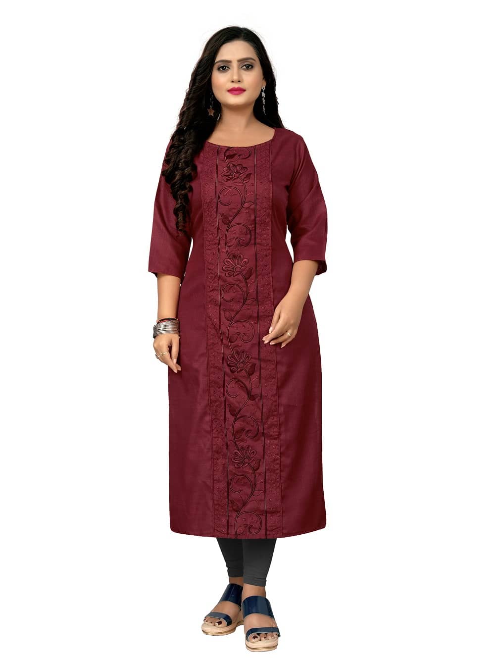 RIAANA Pack of 1 Cotton Blend Embroidered Straight Women's Kurti - ( Maroon ) - Kurtis, Tunics | Buy online on ZillyBuy