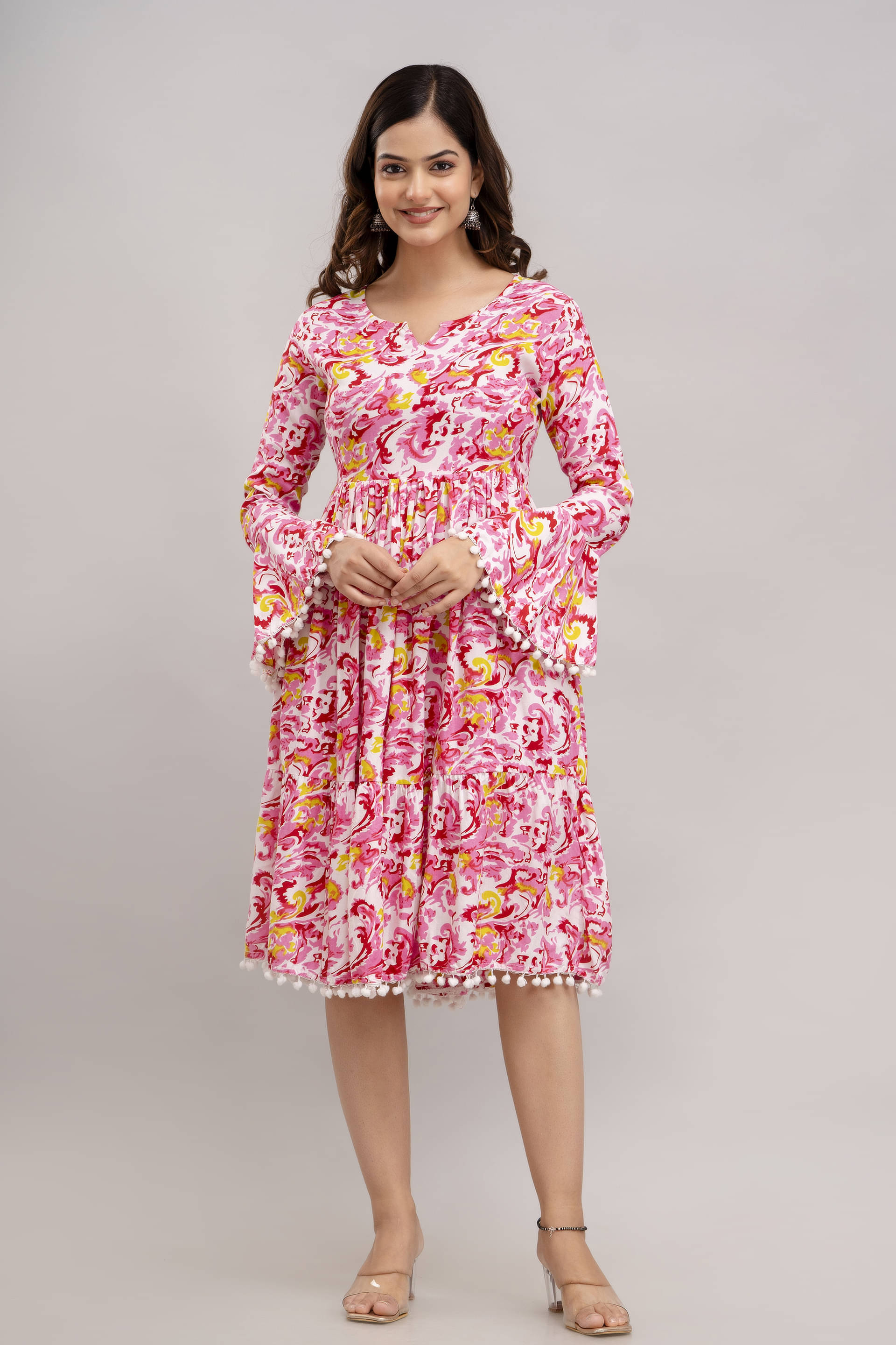 TRENDSWILL Women Viscose Rayon Printed A-line Dress ( Pink )     			TRENDSWILL Women Viscose Rayon Printed A-line Dress ( Pink )