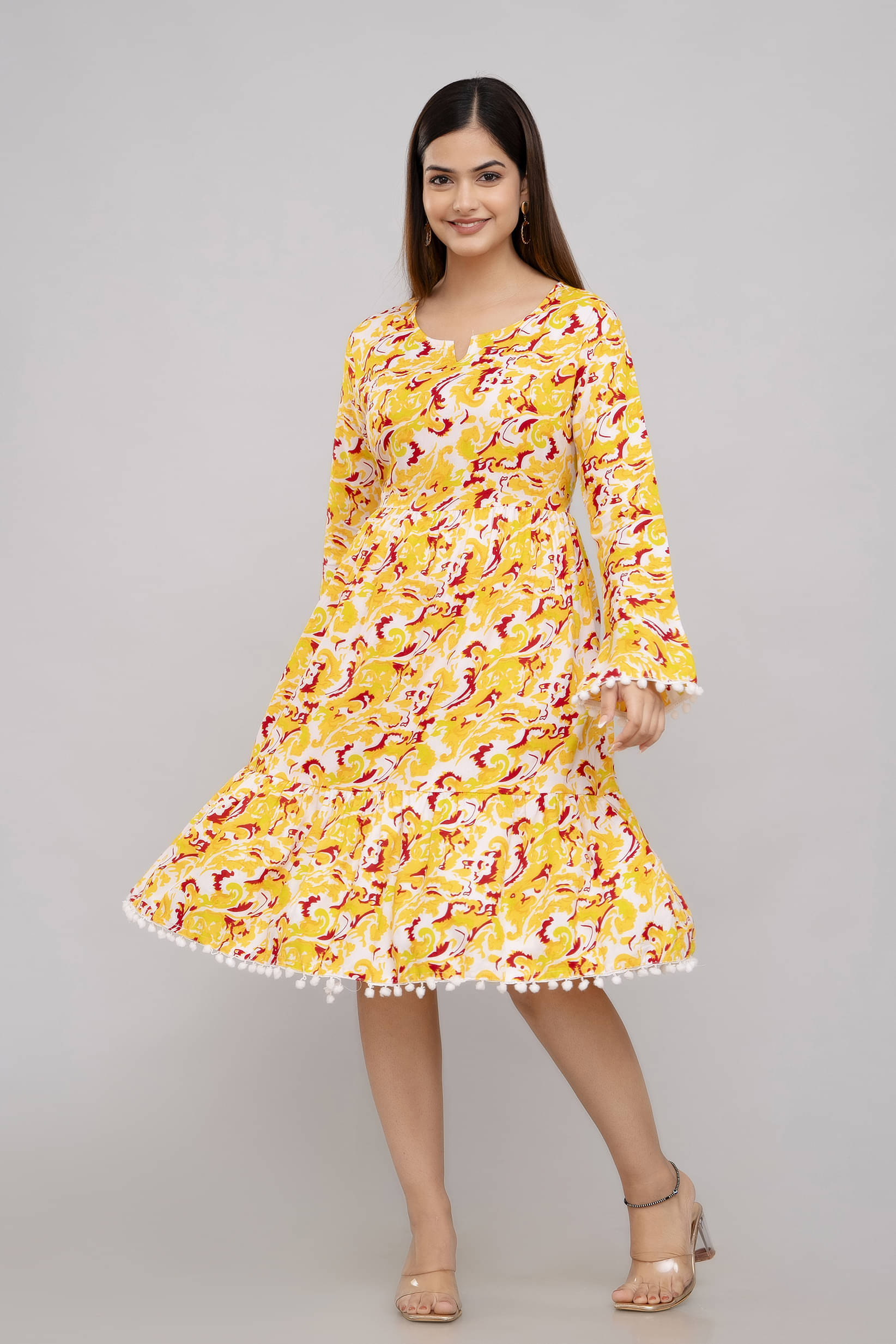     			TRENDSWILL Women Viscose Rayon Printed A-line Dress ( Yellow )