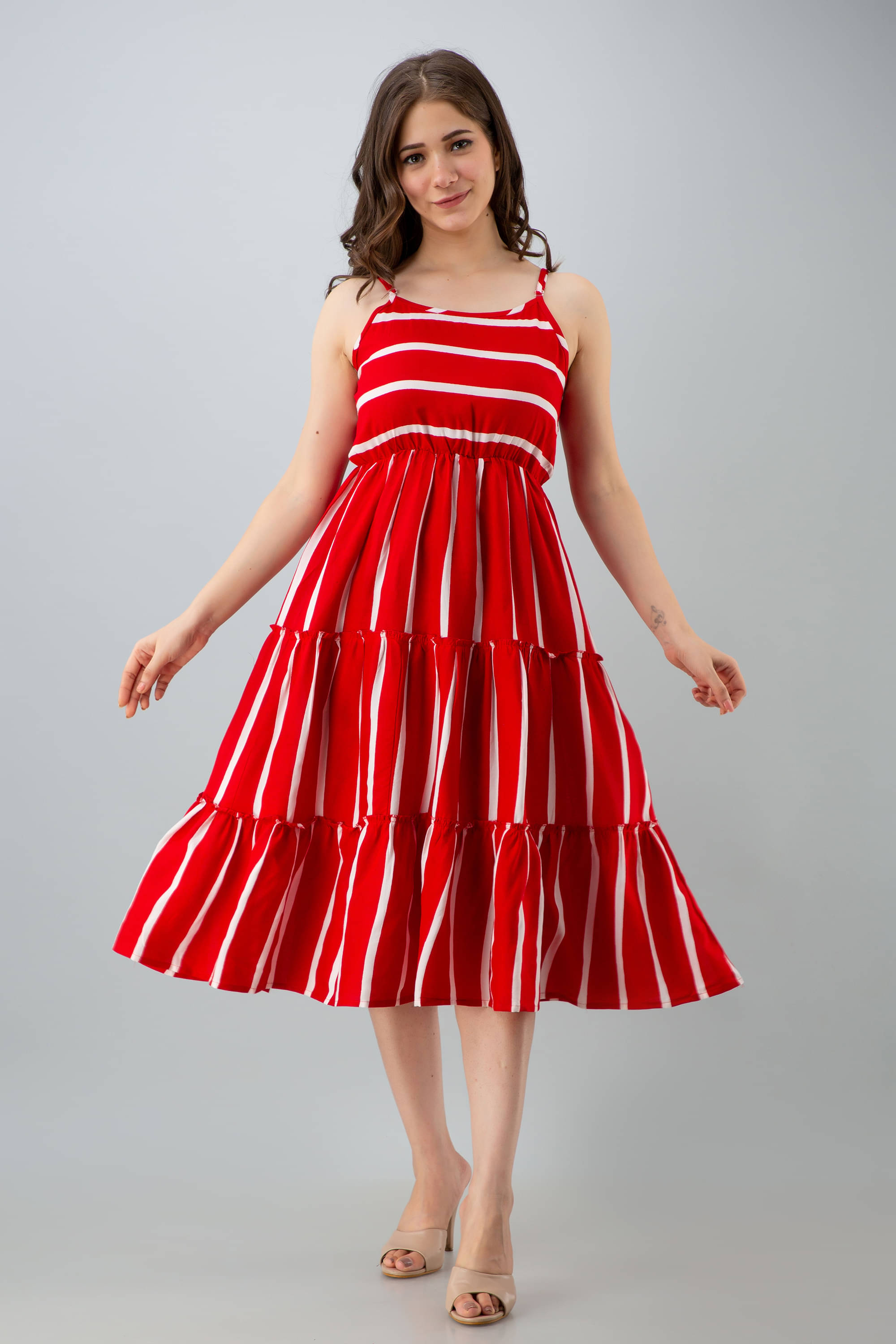     			TRENDSWILL Viscose Rayon Striped Knee Length Women's Fit & Flare Dress - Red ( Pack of 1 )