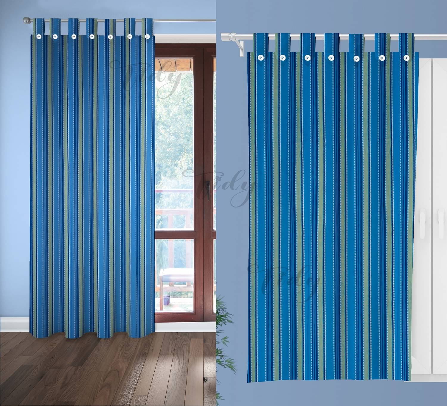     			Tidy Vertical Striped Room Darkening Loop Curtain 6.5 ft ( Pack of 2 ) - Blue