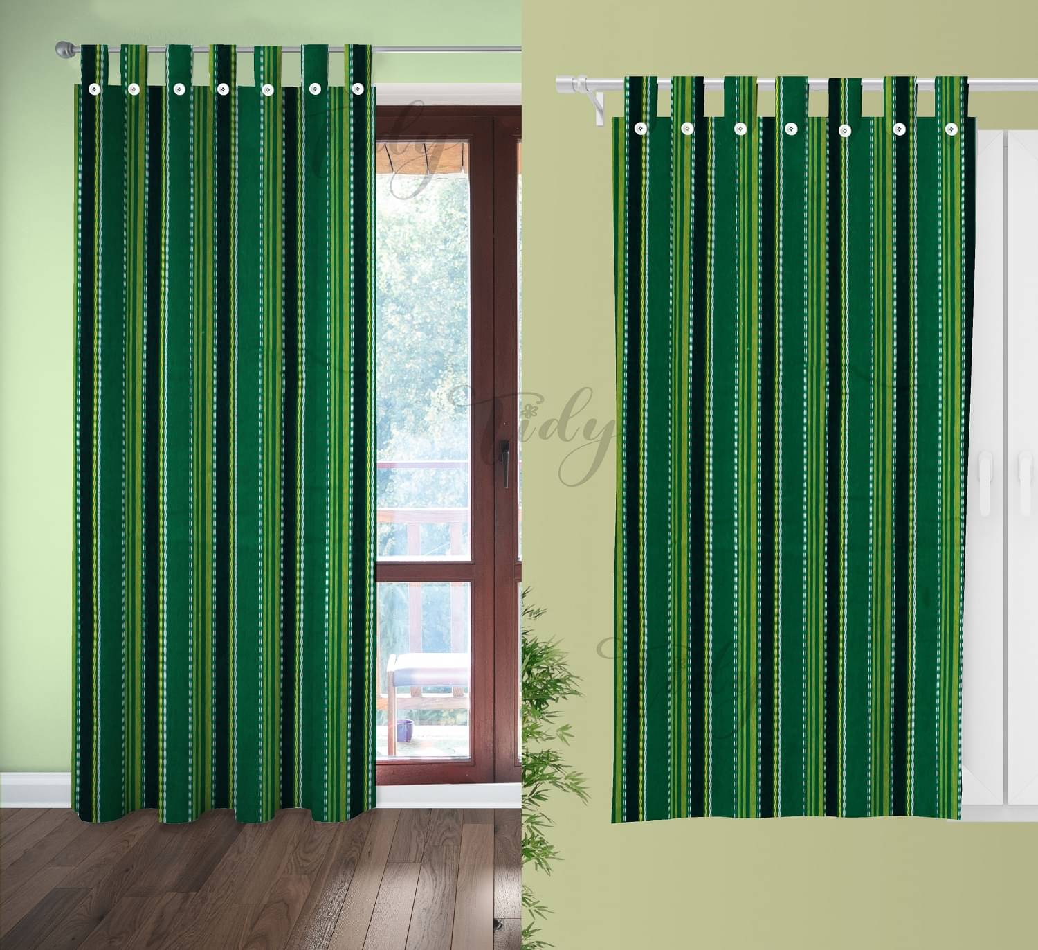     			Tidy Vertical Striped Room Darkening Loop Curtain 6.5 ft ( Pack of 2 ) - Green