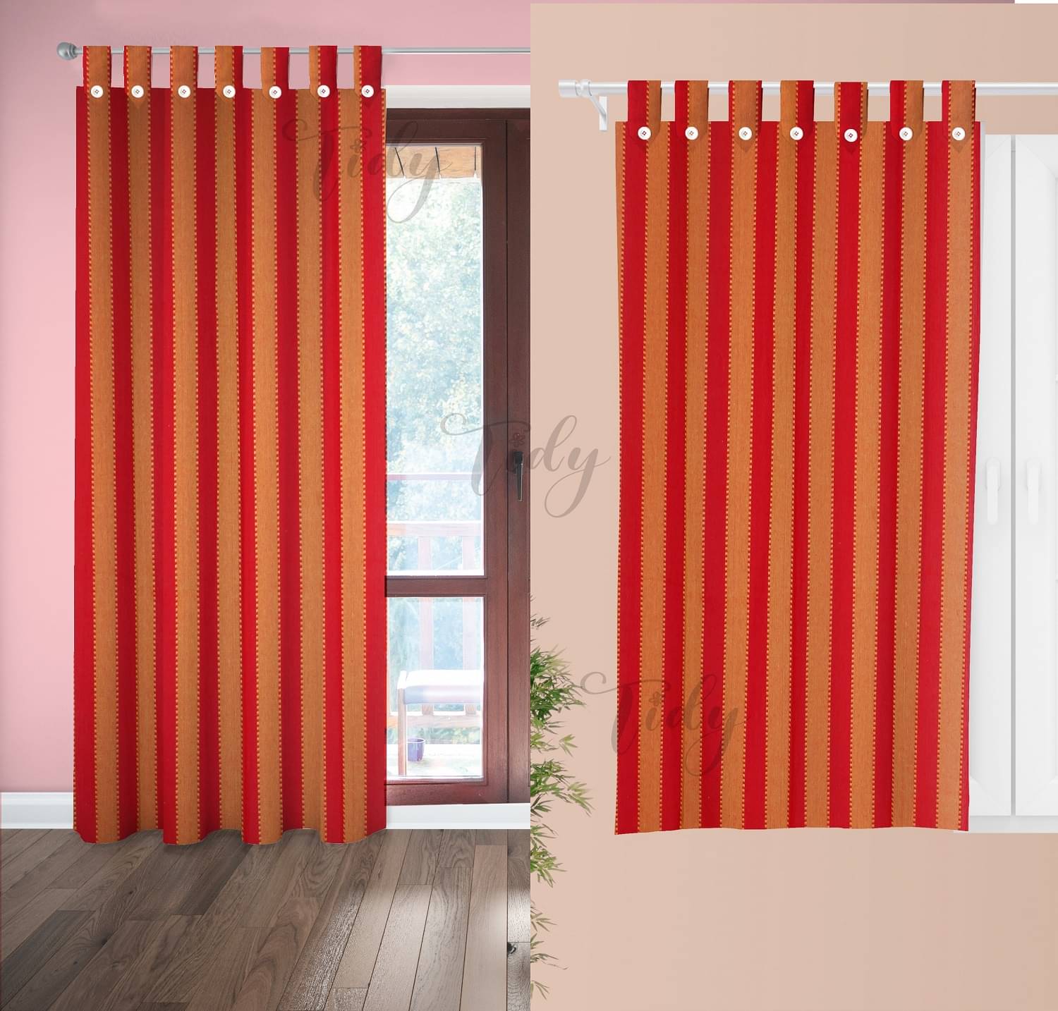     			Tidy Vertical Striped Room Darkening Loop Curtain 6.5 ft ( Pack of 2 ) - Red