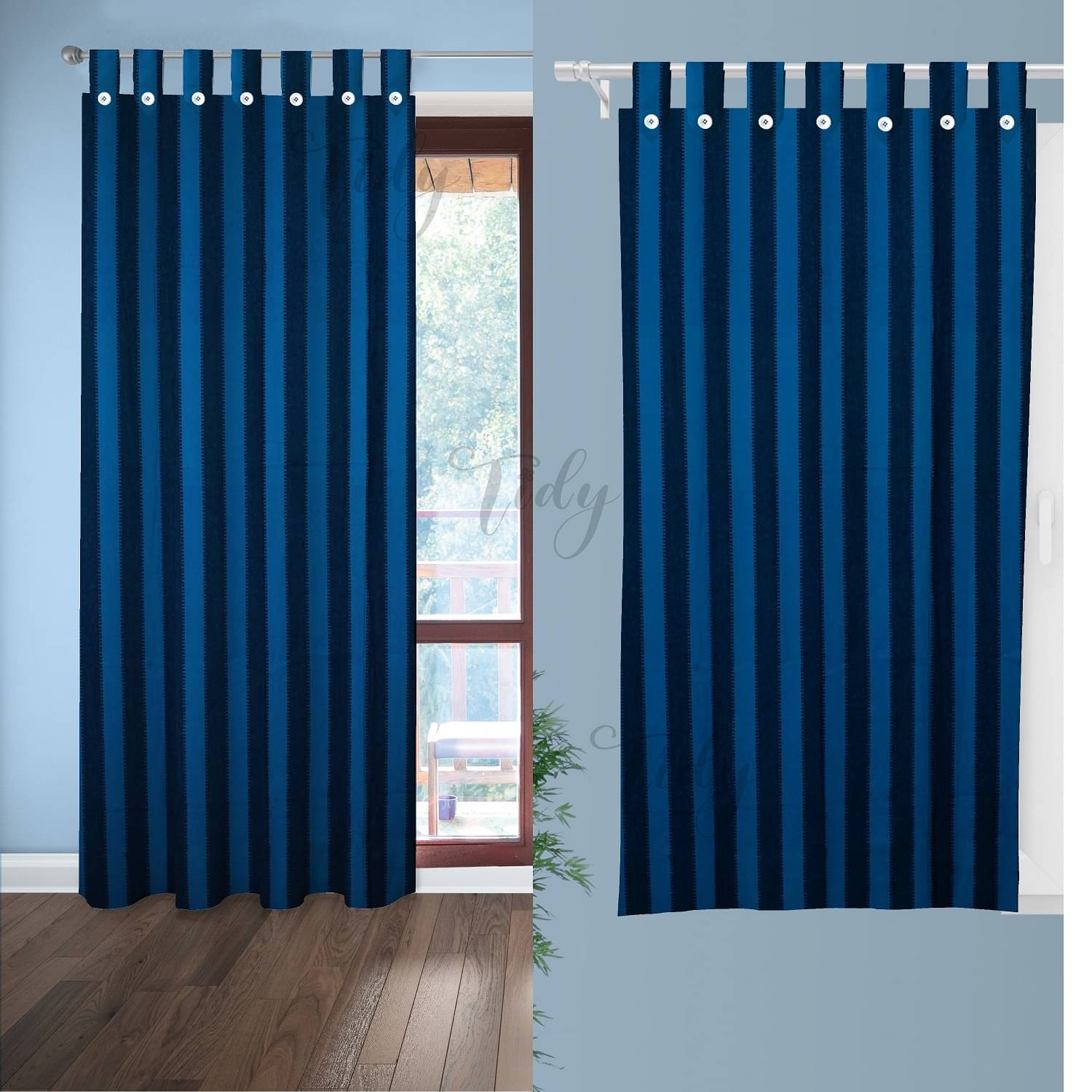     			Tidy Vertical Striped Room Darkening Loop Curtain 6.5 ft ( Pack of 2 ) - Navy Blue