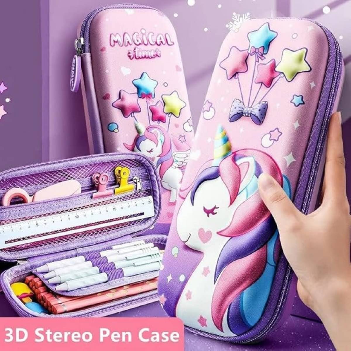     			DENFE 3D Unicorn Cover Large Capacity Pencil Case Compass With Compartments, School Supply Organizer For Students, Stationery Box, Cosmetic Zip Pouch Bag (1 Unit, Canvas, Multicolor)