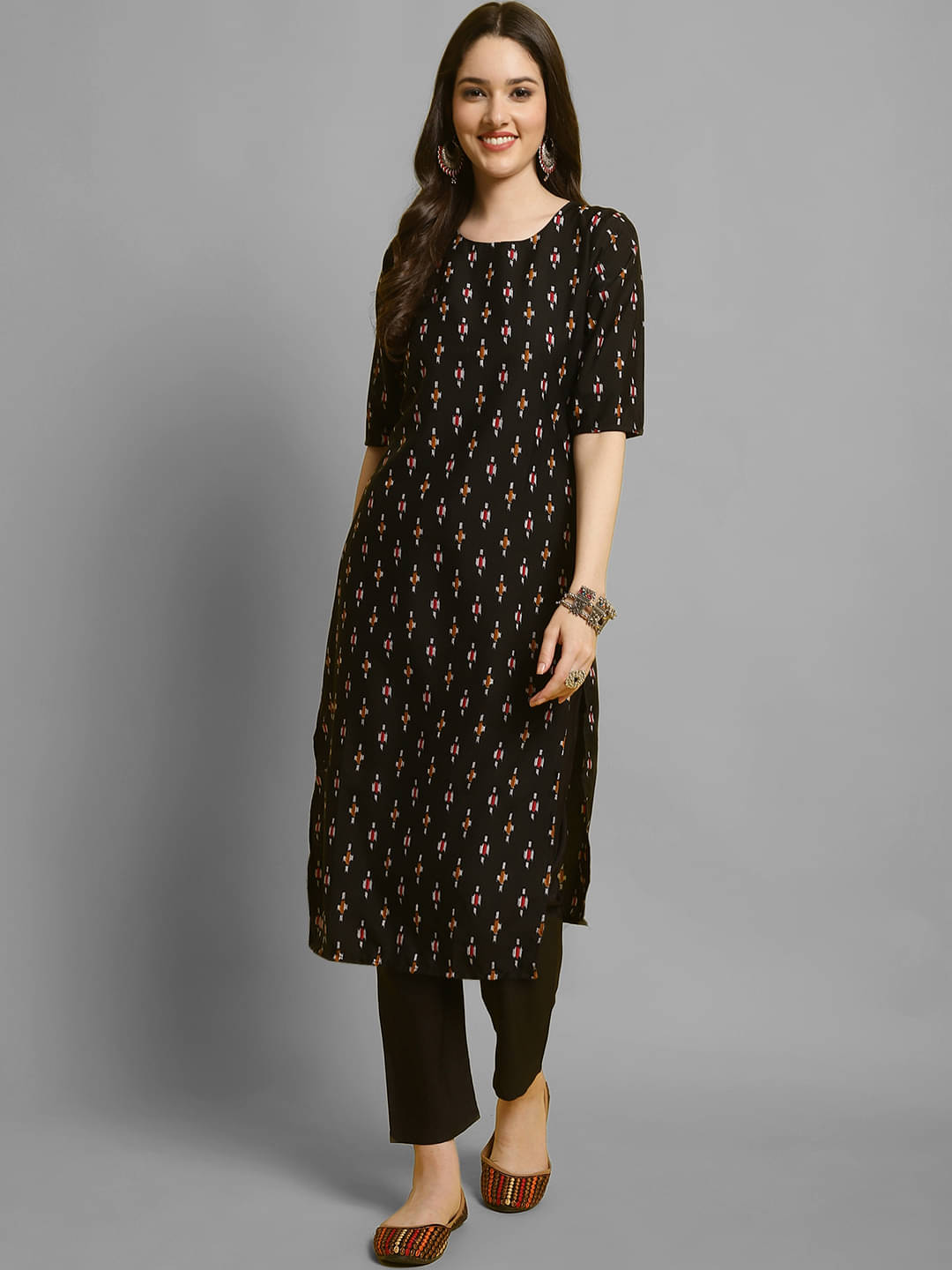 Ethnicbasket Crepe Printed Kurti With Pants Women's Stitched Salwar Suit - Black ( Pack of 1 ) Ethnicbasket Crepe Printed Kurti With Pants Women's Stitched Salwar Suit - Black ( Pack of 1 )