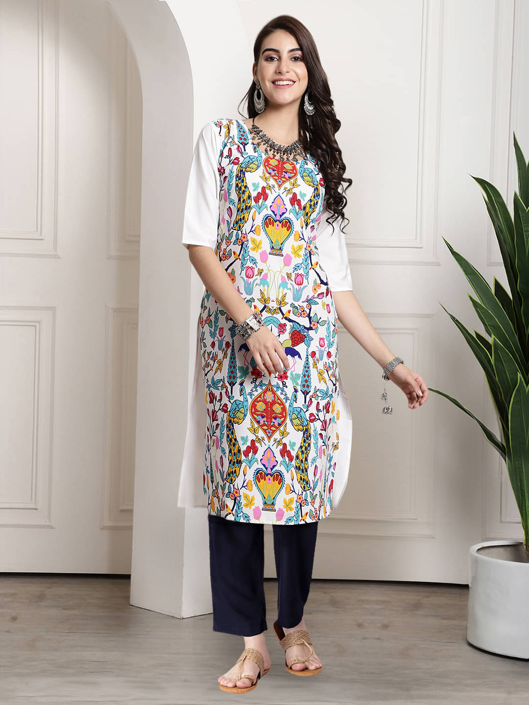     			Ethnicbasket Crepe Printed Kurti With Pants Women's Stitched Salwar Suit - White ( Pack of 1 )