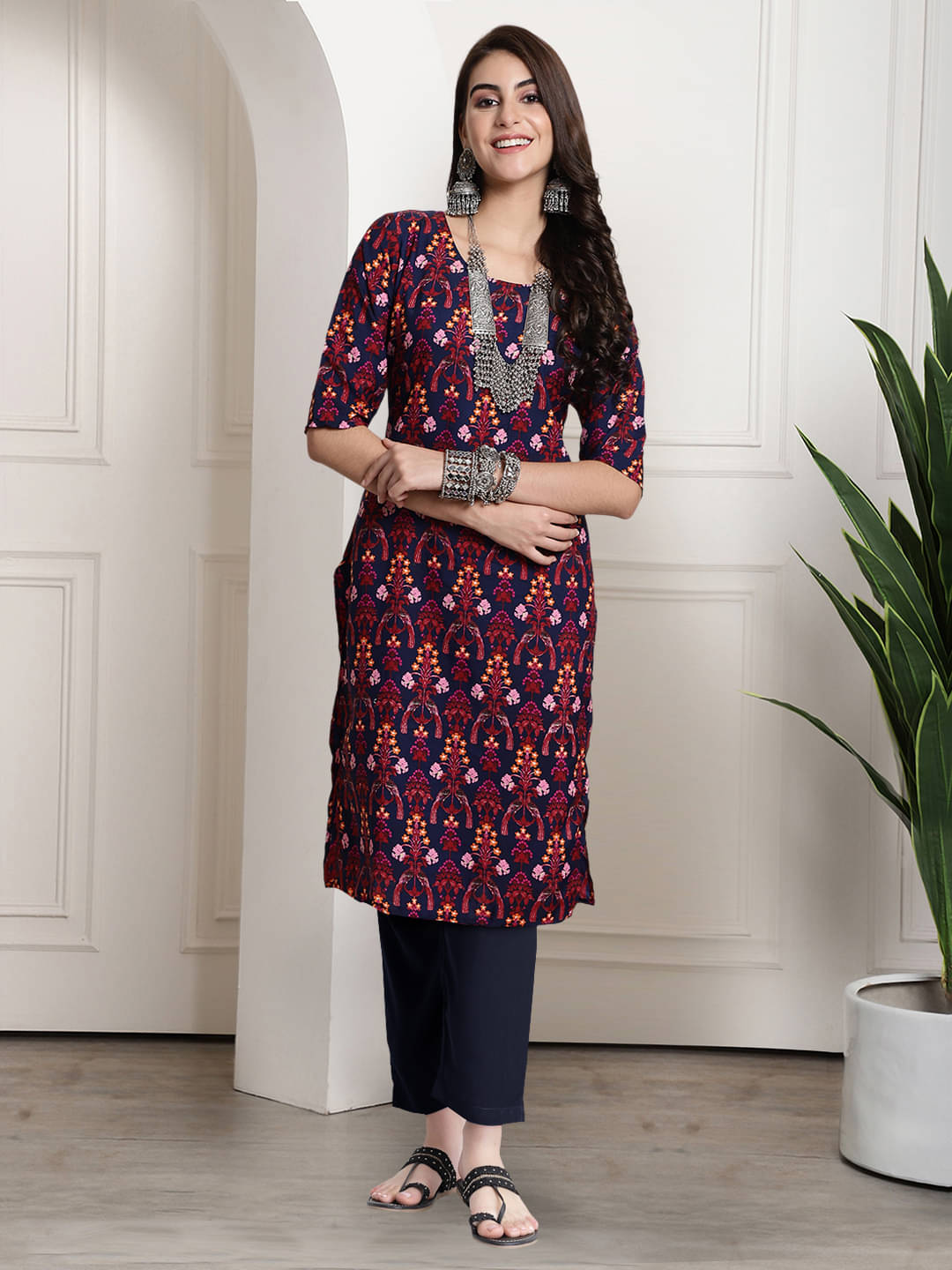 Ethnicbasket Crepe Printed Kurti With Pants Women's Stitched Salwar Suit - Navy Blue ( Pack of 1 )     			Ethnicbasket Crepe Printed Kurti With Pants Women's Stitched Salwar Suit - Navy Blue ( Pack of 1 )