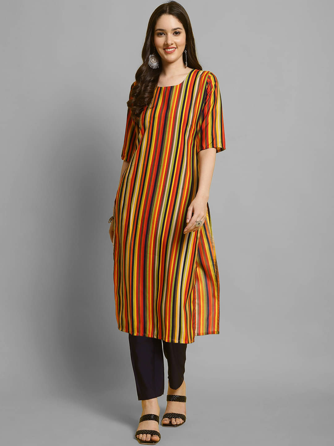     			Ethnicbasket Crepe Striped Kurti With Pants Women's Stitched Salwar Suit - Multicoloured ( Pack of 1 )