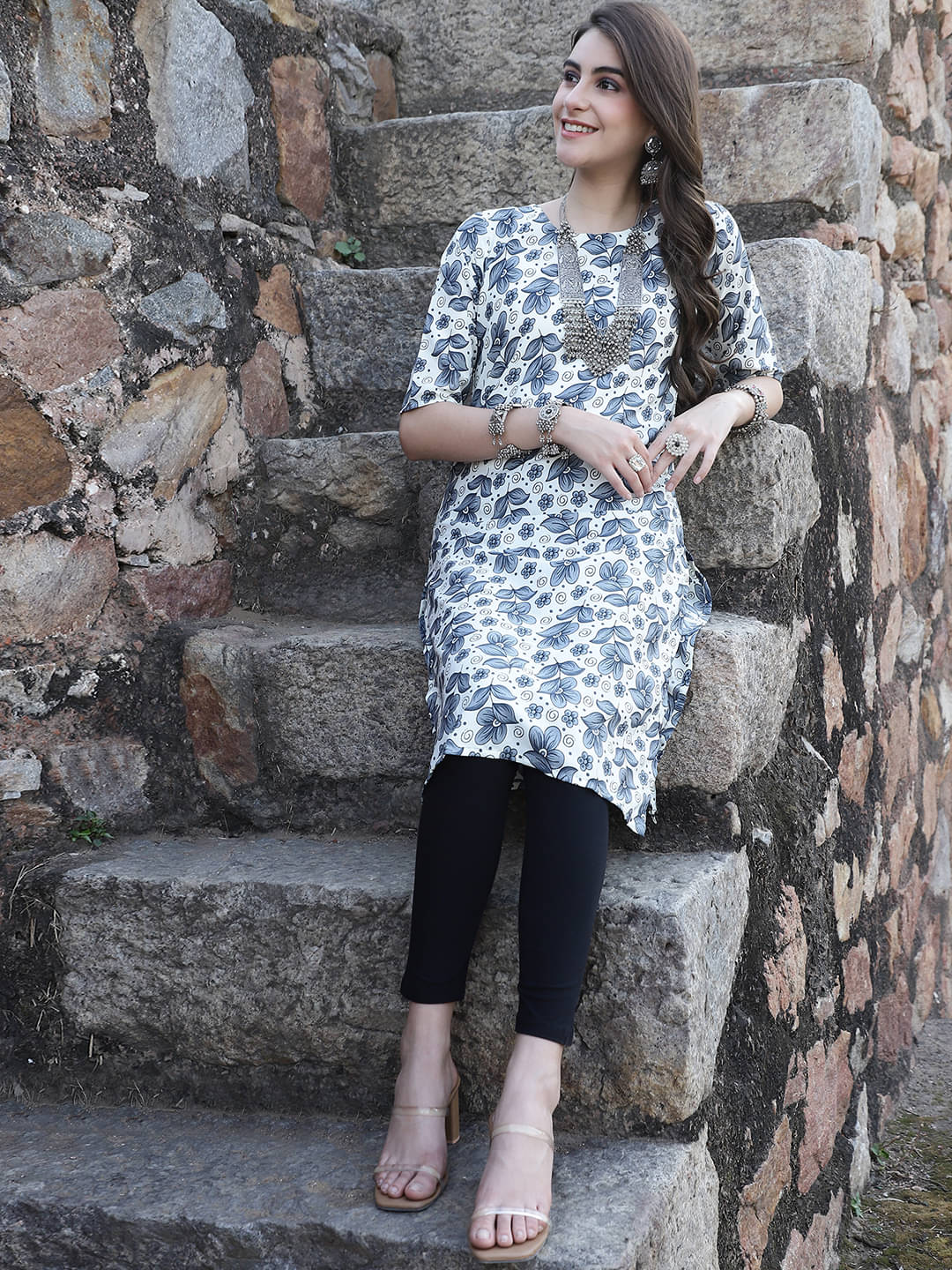     			Ethnicbasket Pack of 1 Crepe Printed Straight Women's Kurti - ( Grey )