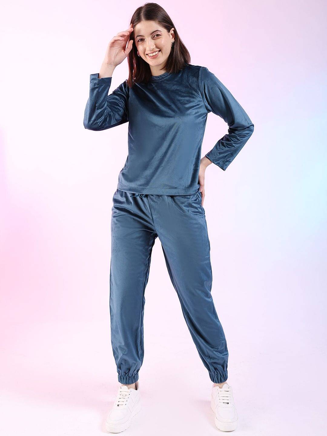     			Freehand Women Solid Top With Trousers Co-Ord Set ( Blue )