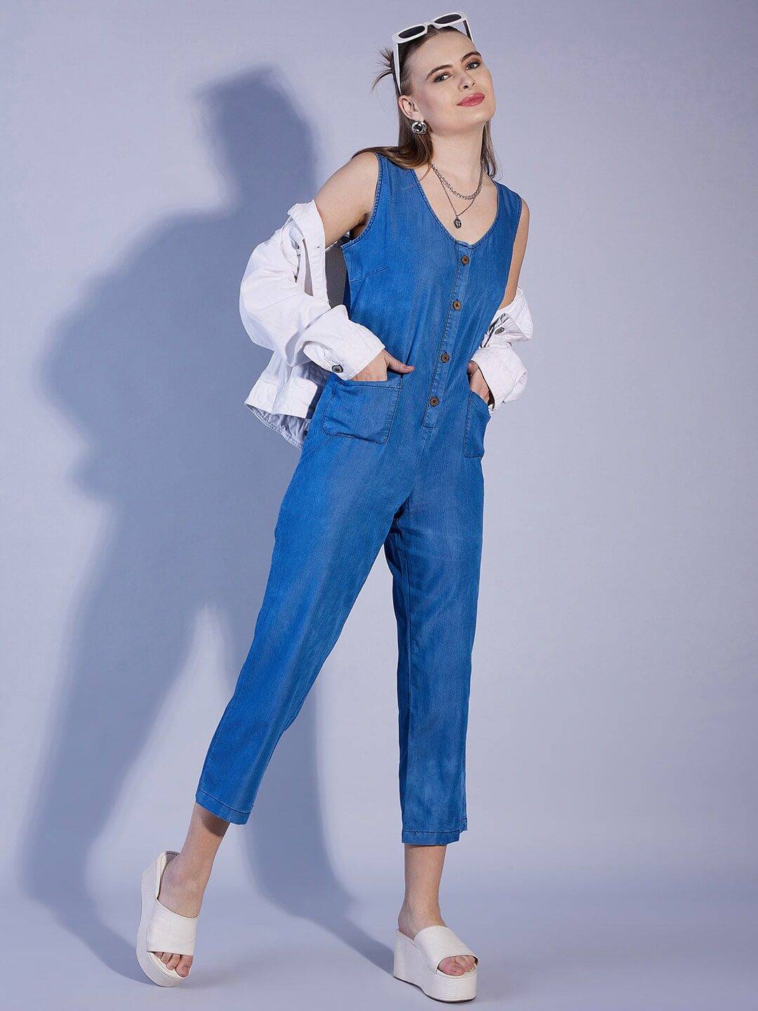     			Freehand Light Blue Cotton Blend Regular Fit Women's Jumpsuit ( Pack of 1 )