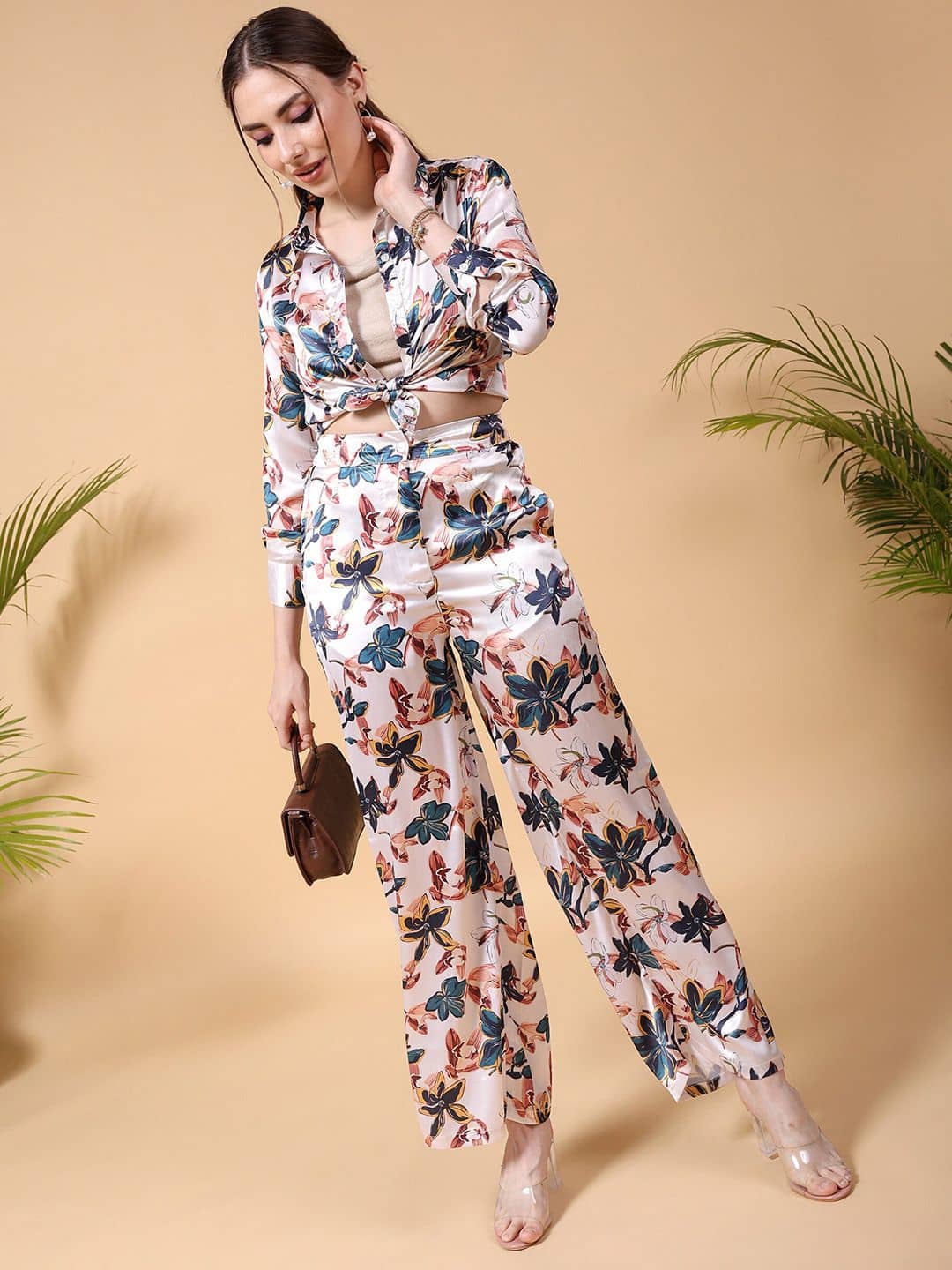 Freehand Women Printed Shirt With Trousers Co-Ord Set ( Off White )