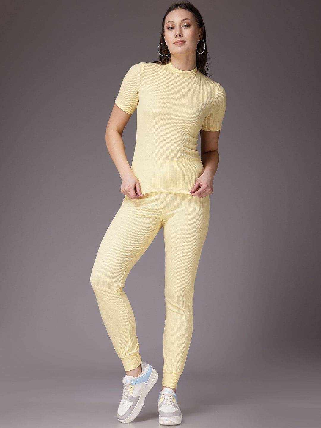     			Freehand Women Solid Top With Leggings Co-Ord Set ( Yellow )