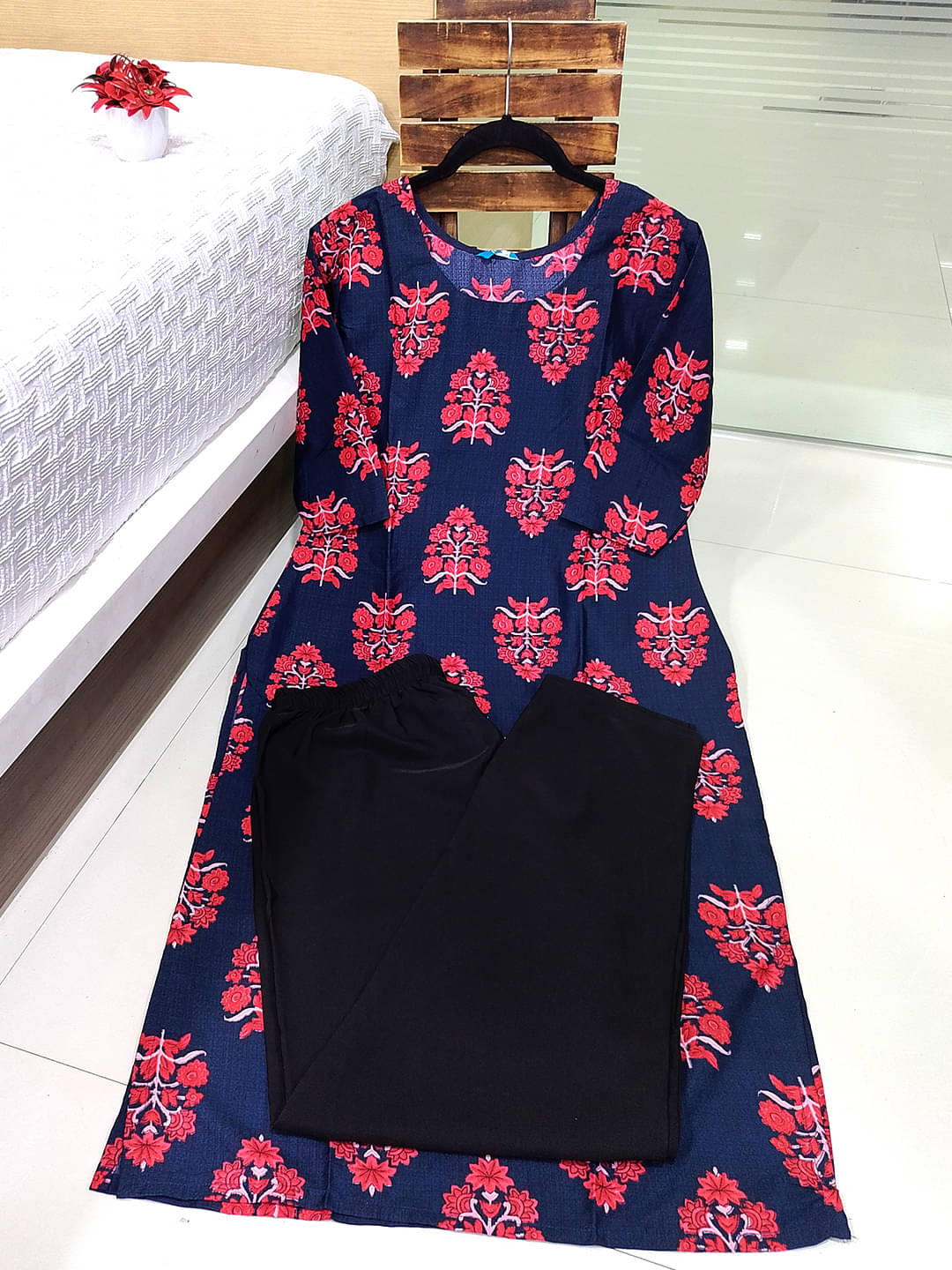 1 Stop Fashion Crepe Printed Kurti With Pants Women's Stitched Salwar Suit - Navy Blue ( Pack of 1 )     			1 Stop Fashion Crepe Printed Kurti With Pants Women's Stitched Salwar Suit - Navy Blue ( Pack of 1 )